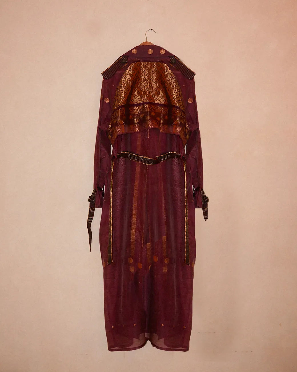 Vedya Black checkered silk trench coat handcrafted from South Indian silk with relaxed boxy fit, buckle details on arms and waist