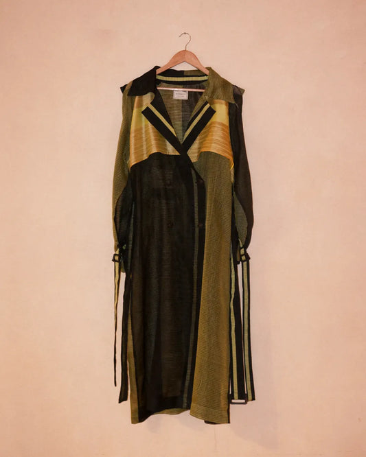 Vedya Black checkered silk trench coat handcrafted from South Indian silk with relaxed boxy fit, buckle details on arms and waist