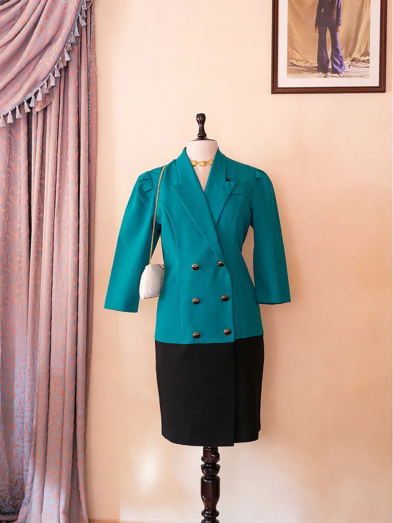 Vintage oversized green and black mid-length formal blazer dress, featuring a relaxed tailored fit, thrifted from global collections.
