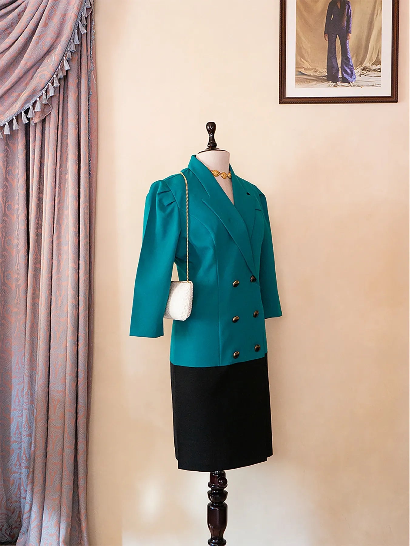 Vintage oversized green and black mid-length formal blazer dress, featuring a relaxed tailored fit, thrifted from global collections.