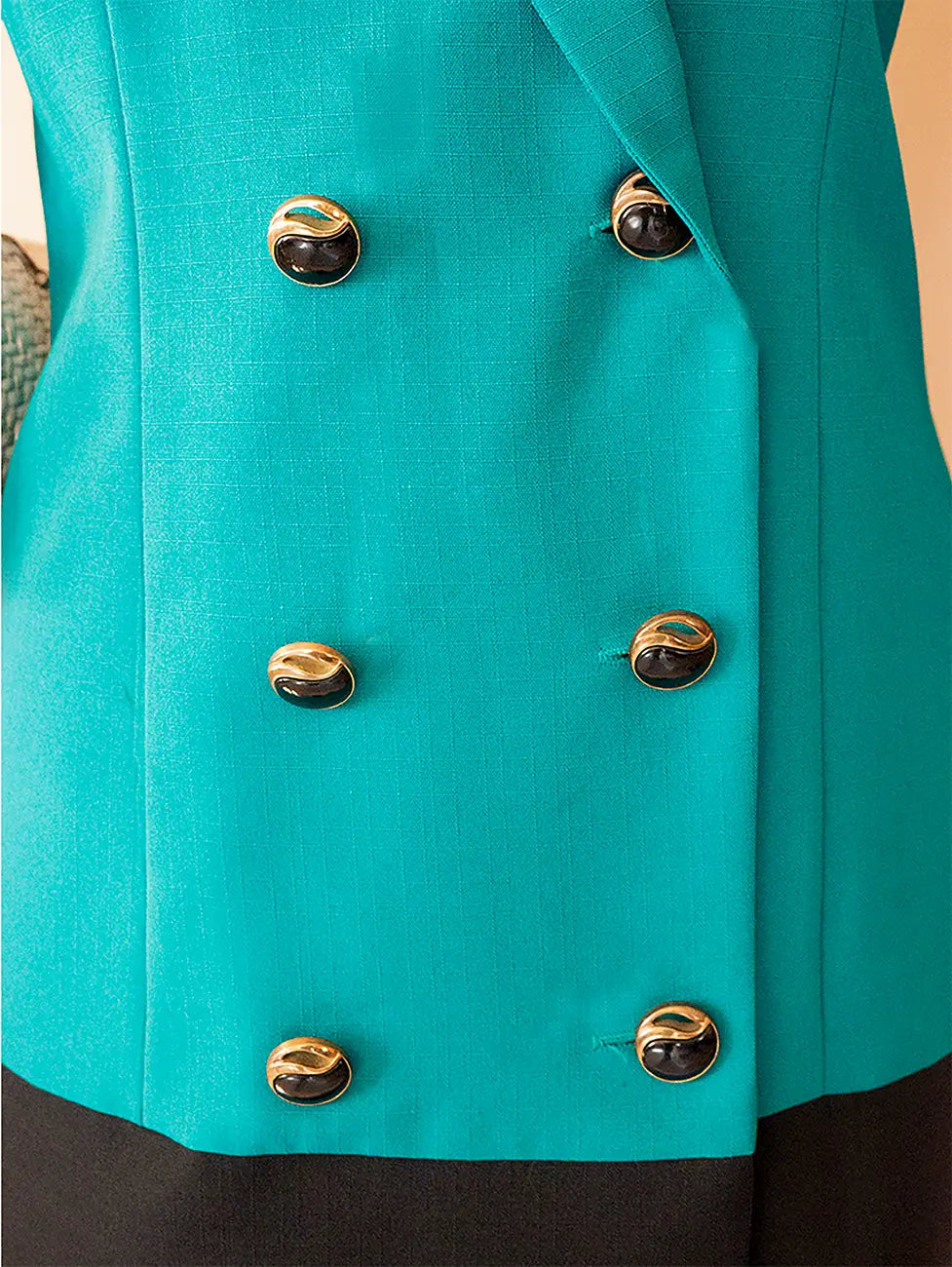 Vintage oversized green and black mid-length formal blazer dress, featuring a relaxed tailored fit, thrifted from global collections.