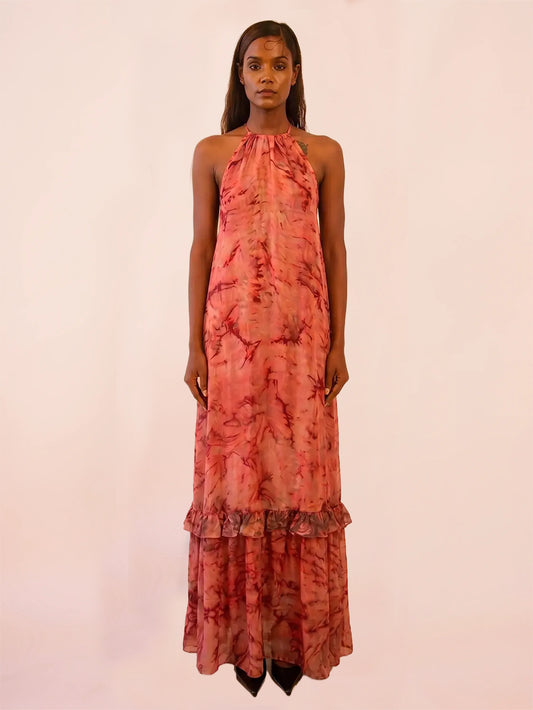 YAMI II is our one-of-a-kind halter neck backless dress, handcrafted using a beautiful printed vintage silk saree.