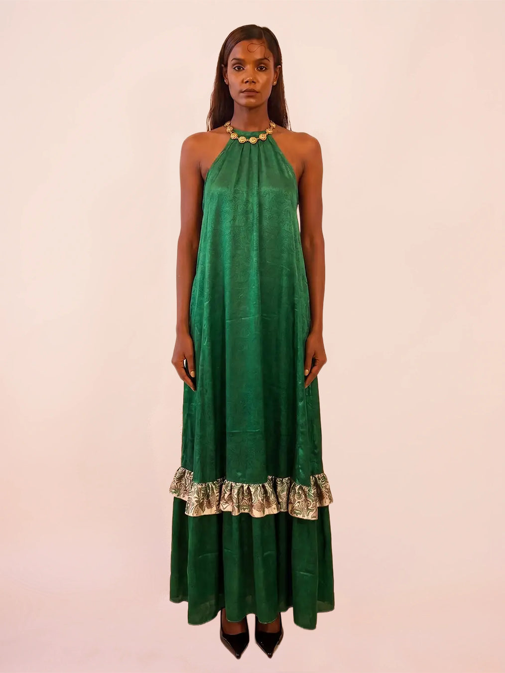 YAMI III is a one of a kind high neck dress, handcrafted in house from a vintage pure silk saree.