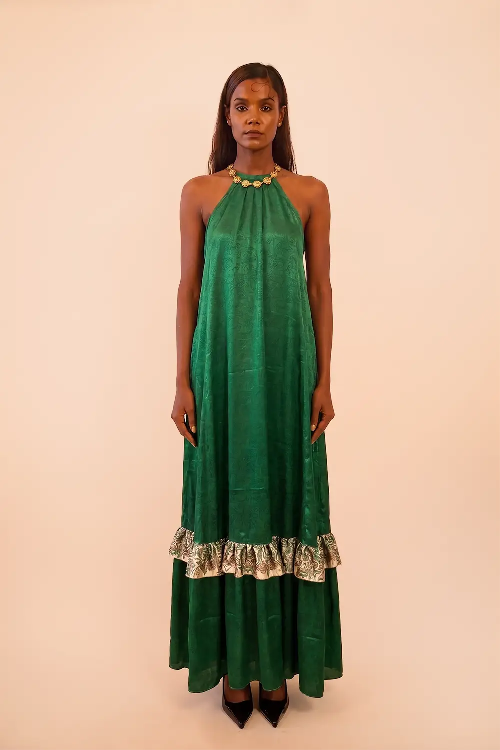 YAMI III is a one of a kind high neck dress, handcrafted in house from a vintage pure silk saree.