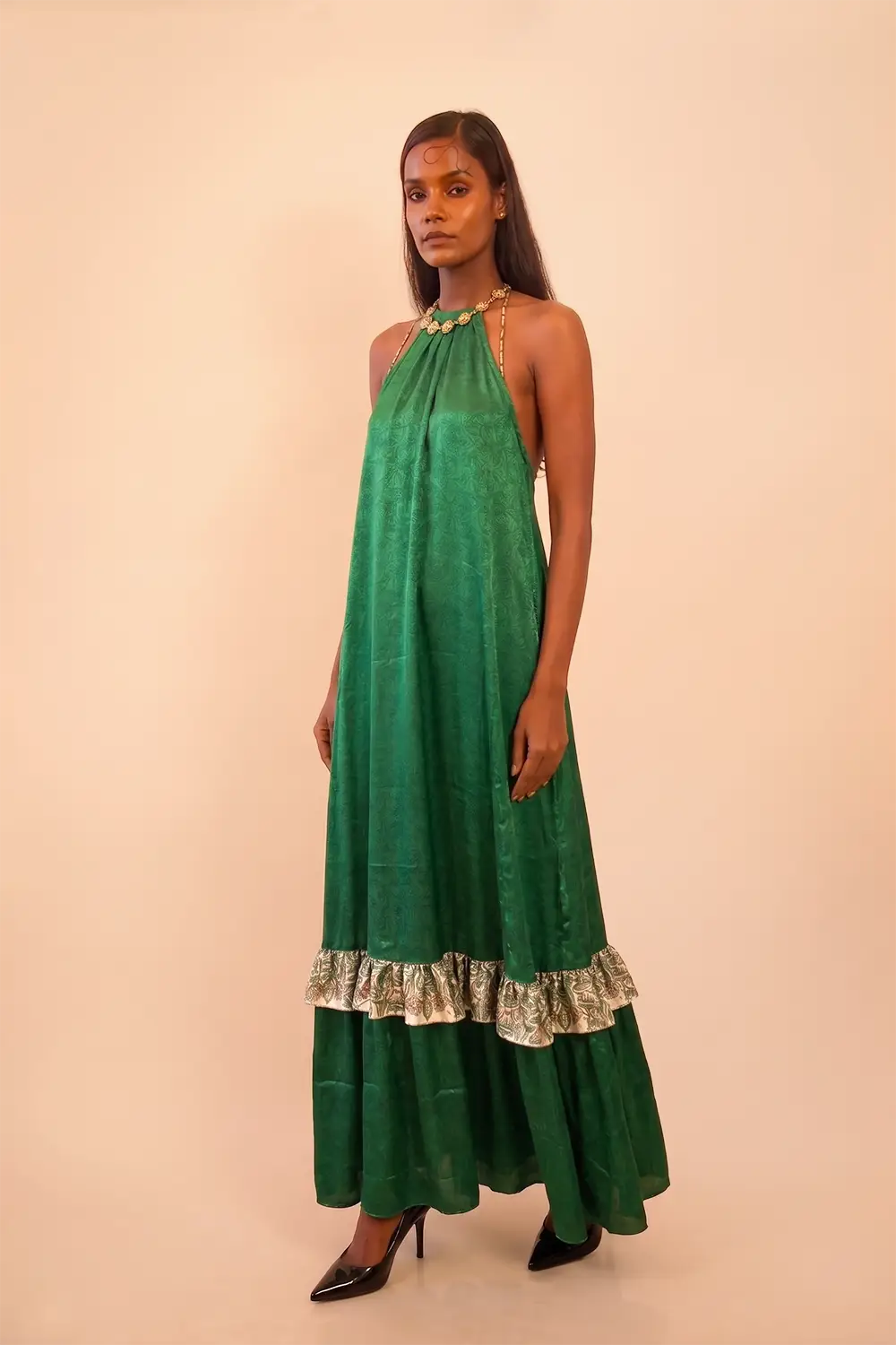 YAMI III is a one of a kind high neck dress, handcrafted in house from a vintage pure silk saree.