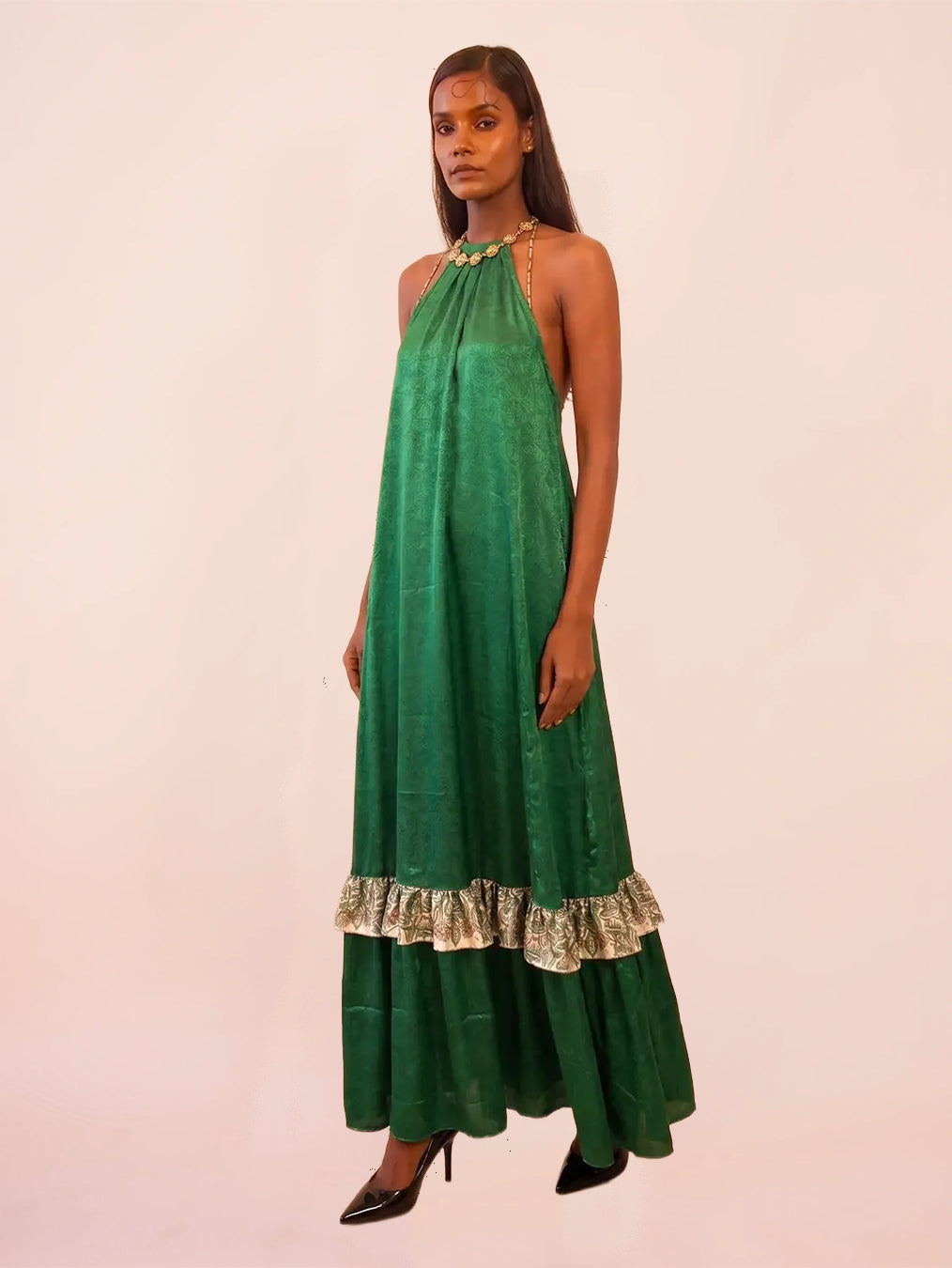 YAMI III is a one of a kind high neck dress, handcrafted in house from a vintage pure silk saree.