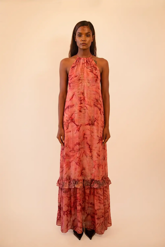YAMI II is our one-of-a-kind halter neck backless dress, handcrafted using a beautiful printed vintage silk saree. 