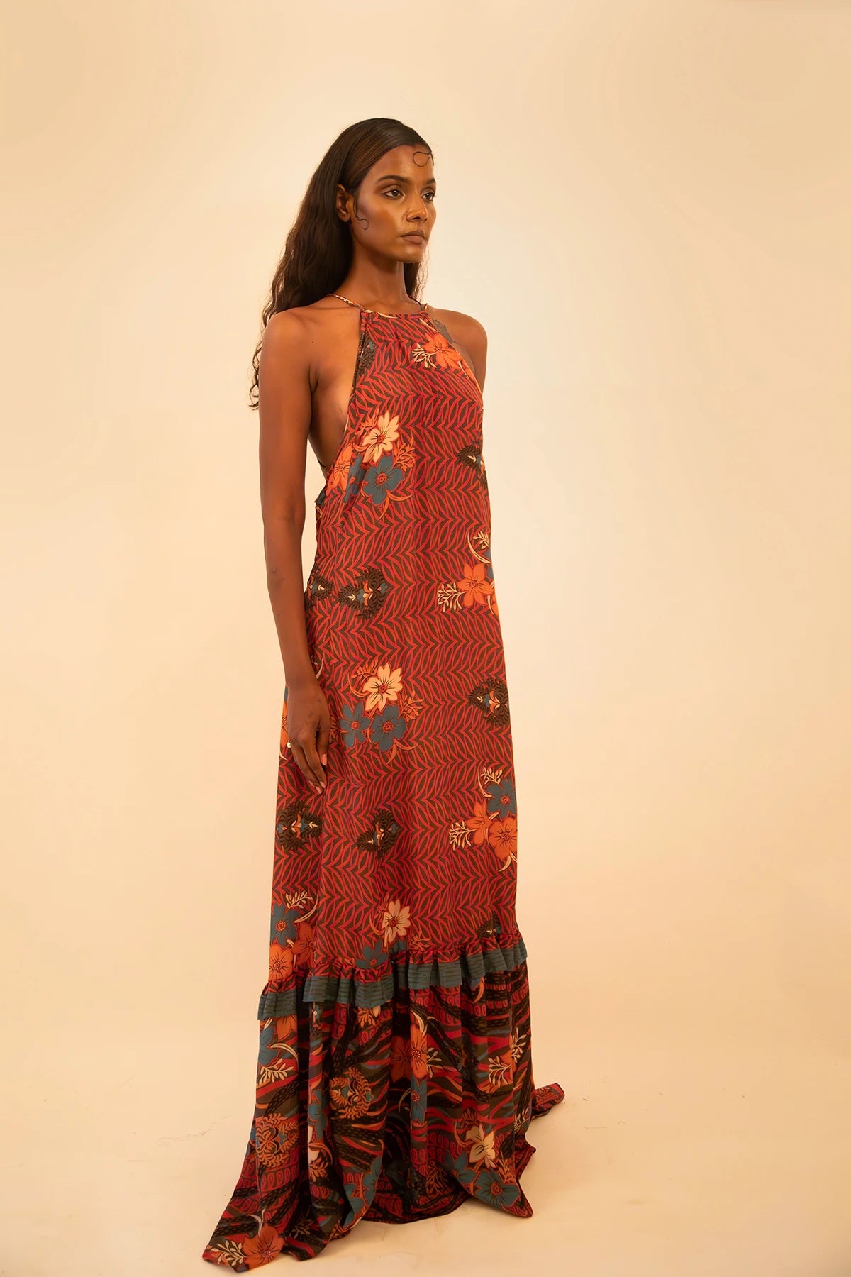 Rust printed silk halter neck backless dress handcrafted from a vintage sari, featuring a delicate lace-up back and versatile fit.