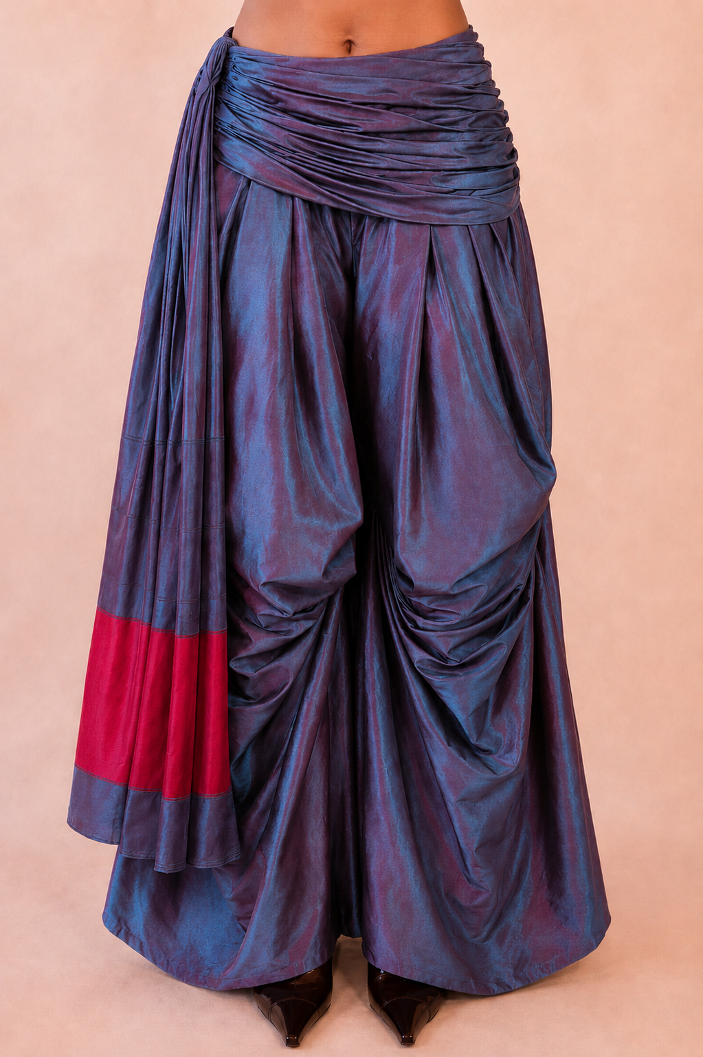 ANTARIYA XVIIII is a one of a kind drape pant, handcrafted in house from repurposed pure silk and saree borders.
