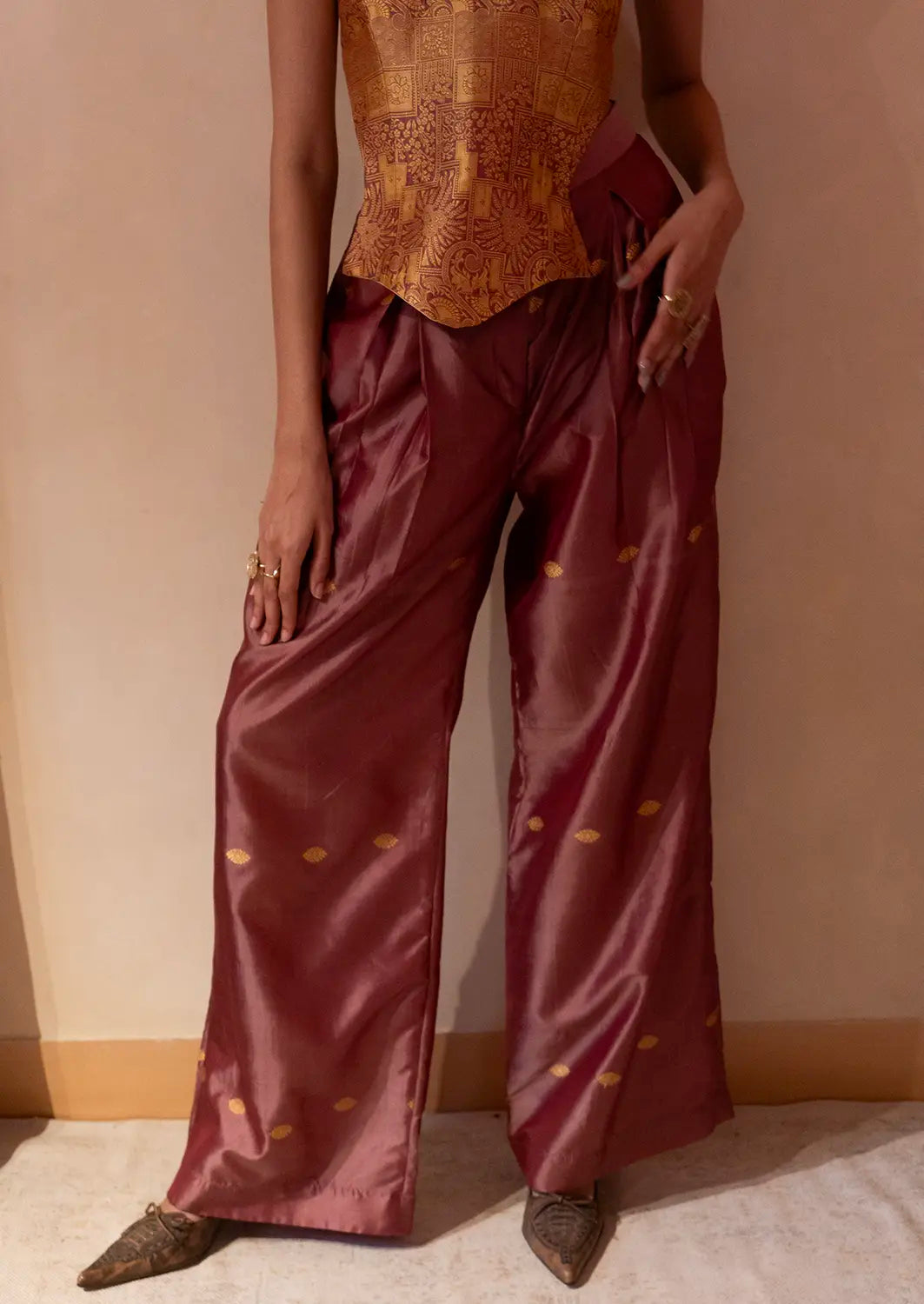 AURELIA PANTS are our one of a kind pants, crafted in-house from a pure silk vintage saree.
