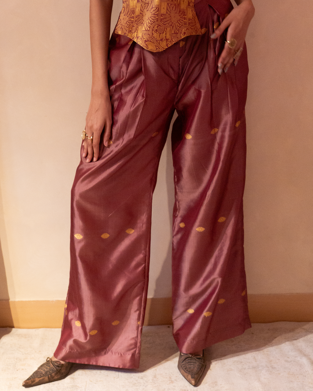 AURELIA PANTS are our one of a kind pants, crafted in-house from a pure silk vintage saree. 
