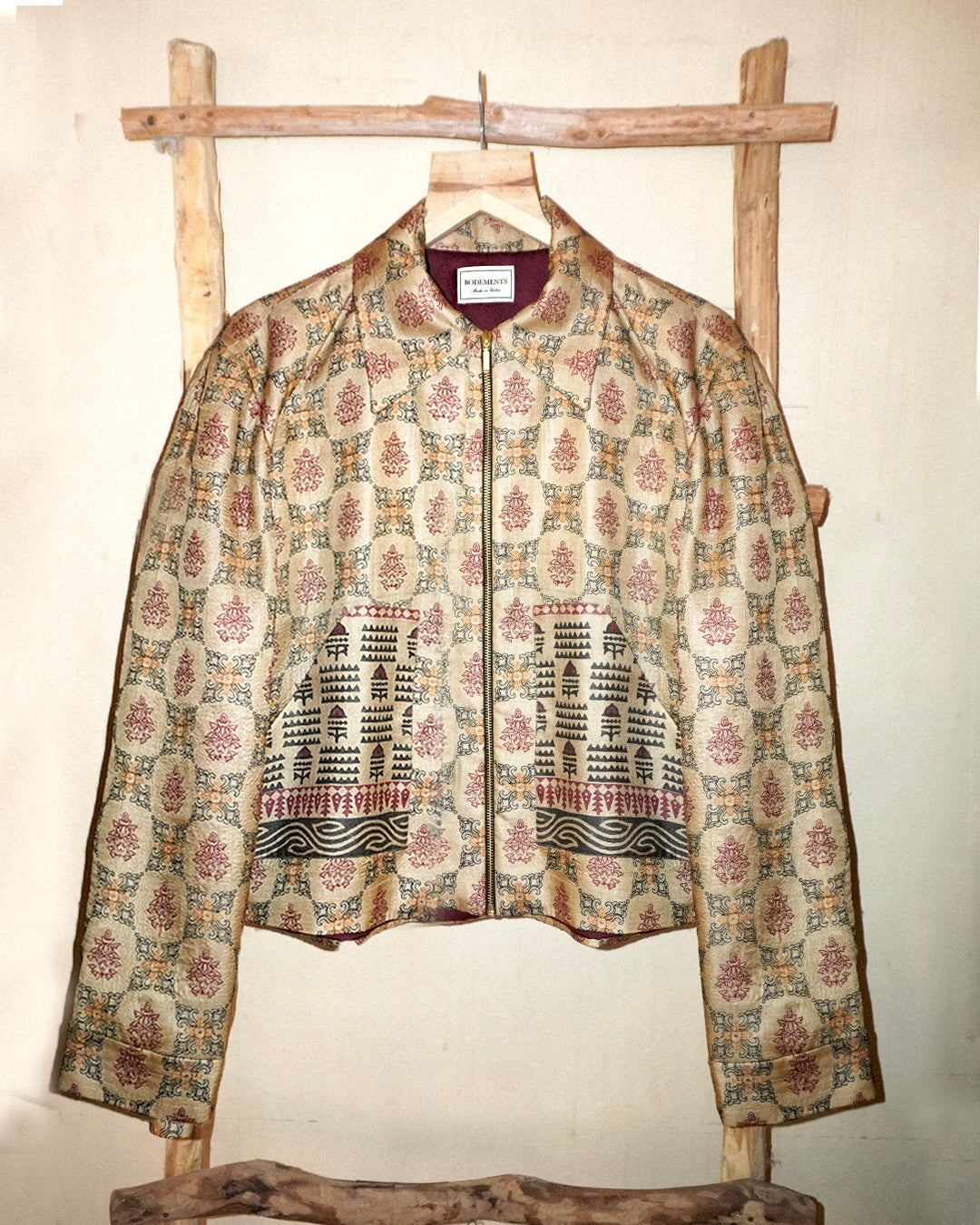 RAJEEV JACKET is our one-of-a-kind jacket, handcrafted in-house using bandhani pure silk sarees.